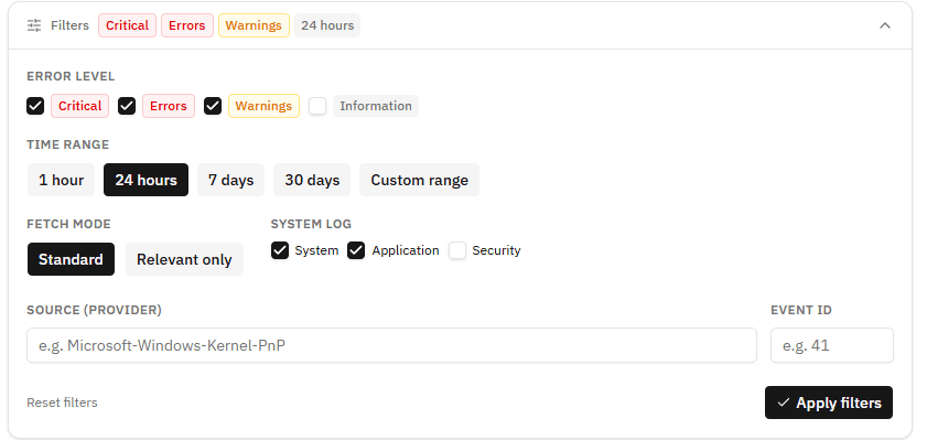 ErrorAnalyser advanced filters panel